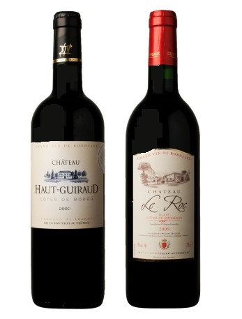 Bouteilles de vins de Bordeaux - A.O.C Côtes de Bourg , A.O.C Blaye Côtes de Bordeaux - Châteaux Guiraud et Le Roc.