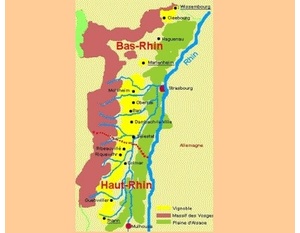 Carte des appellations viticoles de la région Alsace © M.CRIVELLARO