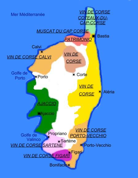 Carte des appellations viticoles de la région Corse - © M.CRIVELLARO