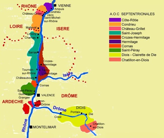 Carte des appellations viticoles des Côtes-du-Rhône septentrionales et du Diois - © M.CRIVELLARO
