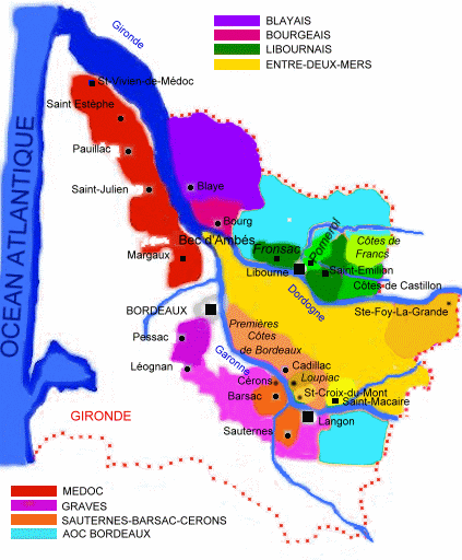 Carte des régions viticoles de la région Bordeaux - © M.CRIVELLARO