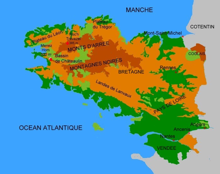 Carte géographique de la Bretagne - Plateaux, bassins et monts - © M.CRIVELLARO