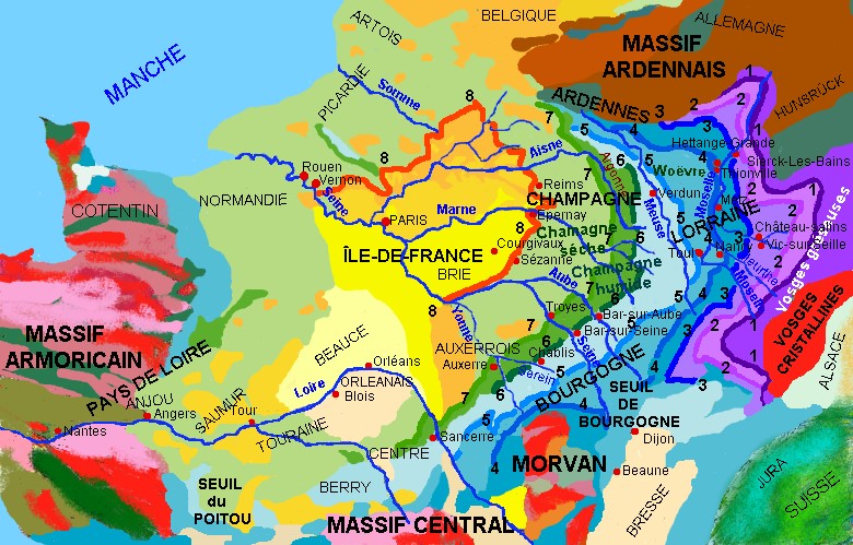 Carte géologique du Bassin parisien (auréoles et cuestas) et situation géographique -  © M.CRIVELLARO