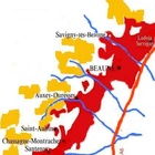 Carte des appellations viticoles Bourgogne Hautes- Côtes de Beaune.